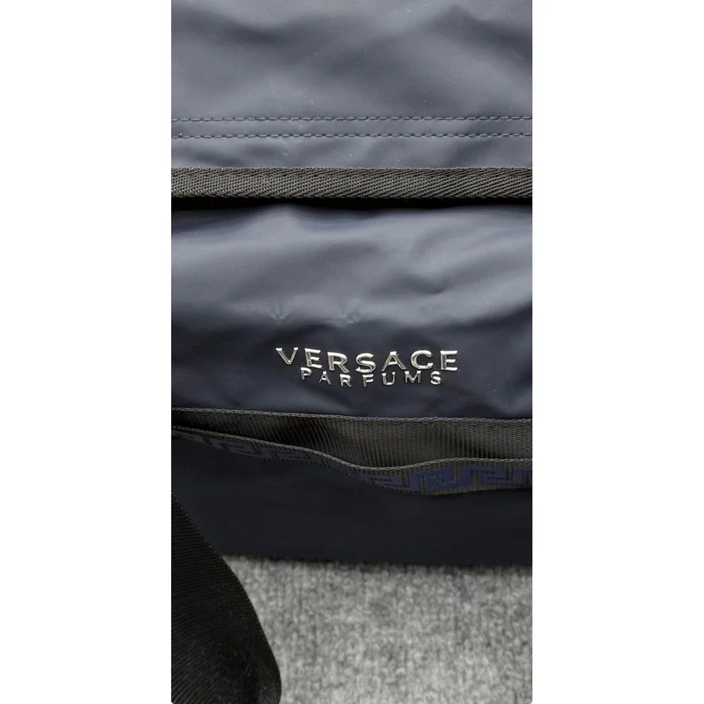 Versace Parfums Navy Blue Nylon Duffel Weekend Bag Greca Pattern Backpack Straps